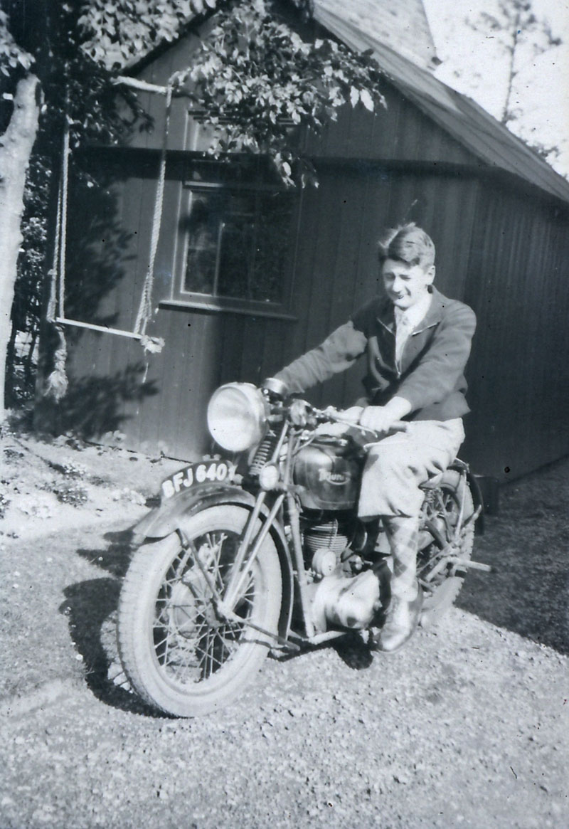 My mother's Cousin George Tocher (later an engineer) on his motorcycle in Dumfries, Scotland, c. 1930. This is a scan from a negative. View full size.