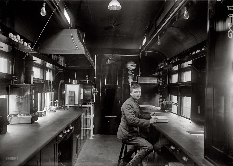 1917. "American Red Cross sanitary railroad car." The "sanitary trains" of World War I played a major role in the delivery of relief supplies and medical care to Allied prisoners in Europe, as well as their repatriation after the Armistice. Harris &amp; Ewing Collection glass negative, Library of Congress. View full size.
