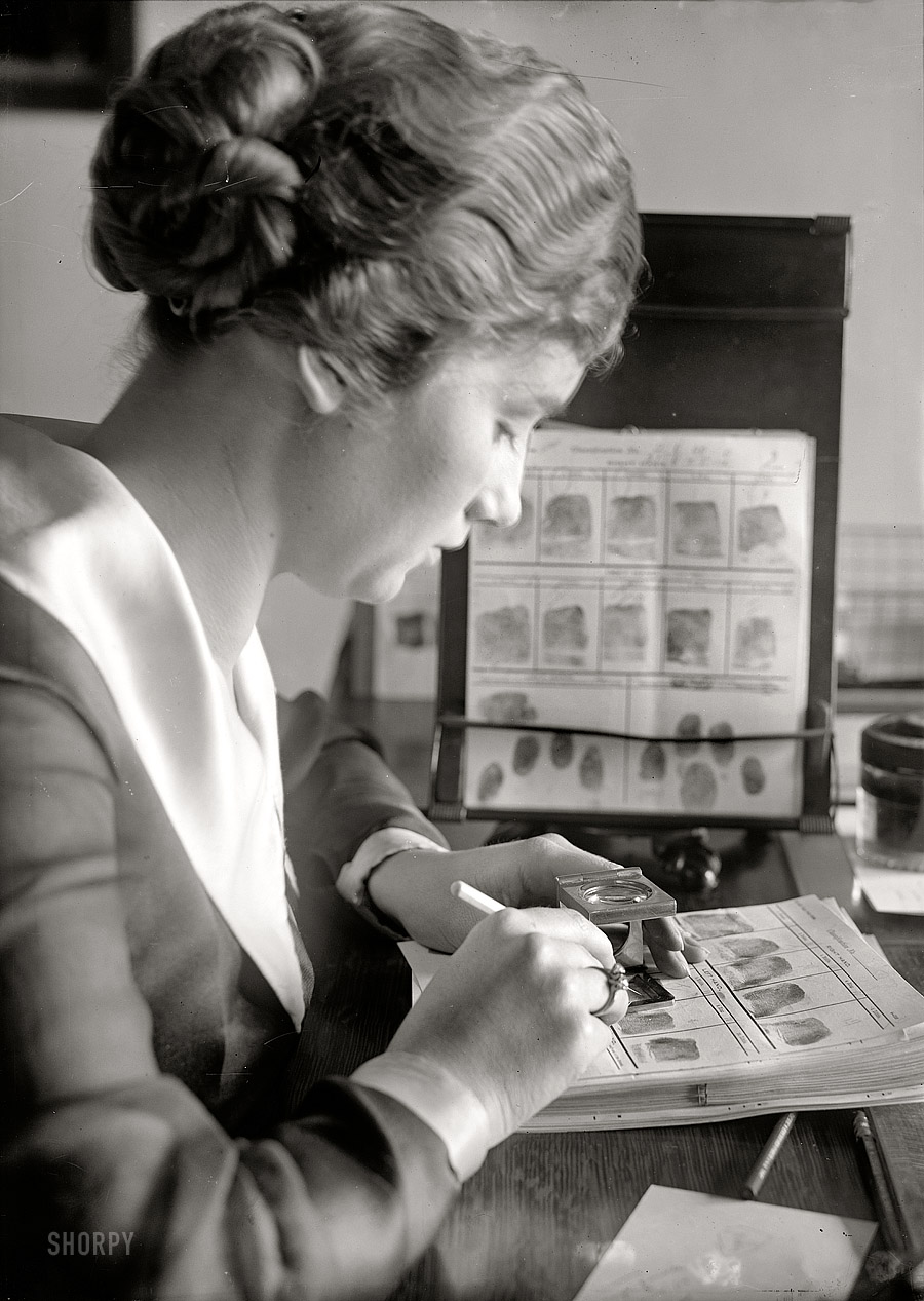 1918. "Navy Department, intelligence bureau. Finger print department clerk Marie S. Dahm." Harris & Ewing Collection glass negative. View full size.