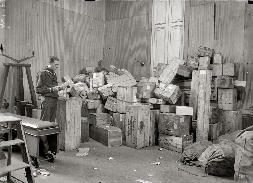 Washington, 1918. "Navy Dept. stores." Everything here seems to be addressed to "Hon. Franklin D. Roosevelt, Asst. Sec. of Navy, c/o Naval Observatory." Who can hazard a guess as to what might be in these boxes? View full size.
