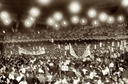"Convention in session, 3 a.m." Supporters of House Speaker Champ Clark for president at the Democratic nominating convention in Baltimore, June 1912. View full size. 5x7 glass negative, George Grantham Bain Collection.
