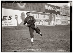 Matty McIntyre of the Chicago White Sox against a backdrop of sales pitches in 1912. View full size. George Grantham Bain Collection.
Mac&#039;s StatsAccording to BaseballReference.com, Matty McIntyre played between 1901 and 1912.  He had a lifetime batting average of .269 and hit 4 home runs (remember, this was the "dead ball" era).  He played for Chicago in 1911 and 1912 which dates the picture.  He died in 1920 at the age of 40.
Re: wonderThe phrases "10 for 10 cents" and "Why pay more?" were used in ads for London Life Turkish Cigarettes, circa World War I.
http://siris-archives.si.edu/ipac20/ipac.jsp?uri=full=3100001~!176429!0#focus
wonderwhat was 10 for 10cents....
MittGet a load of that "mitt!" (It's certainly not a "glove" by today's standards!) And check out that leather belt holding up his pants.  But I wonder: what's the device around his right ankle? A brace of some sort? A pouch for his 'baccy? Yep: definitely "cool."
Denny Gill
Chugiak, Alaska
B.V.D&#039;sLove those sales pitches!  "Be COOL...wear loose fitting underwear" !!  WOW  1912 was sure upfront and personal!  Tires, alcohol, and Cigs!
(The Gallery, G.G. Bain, Sports)