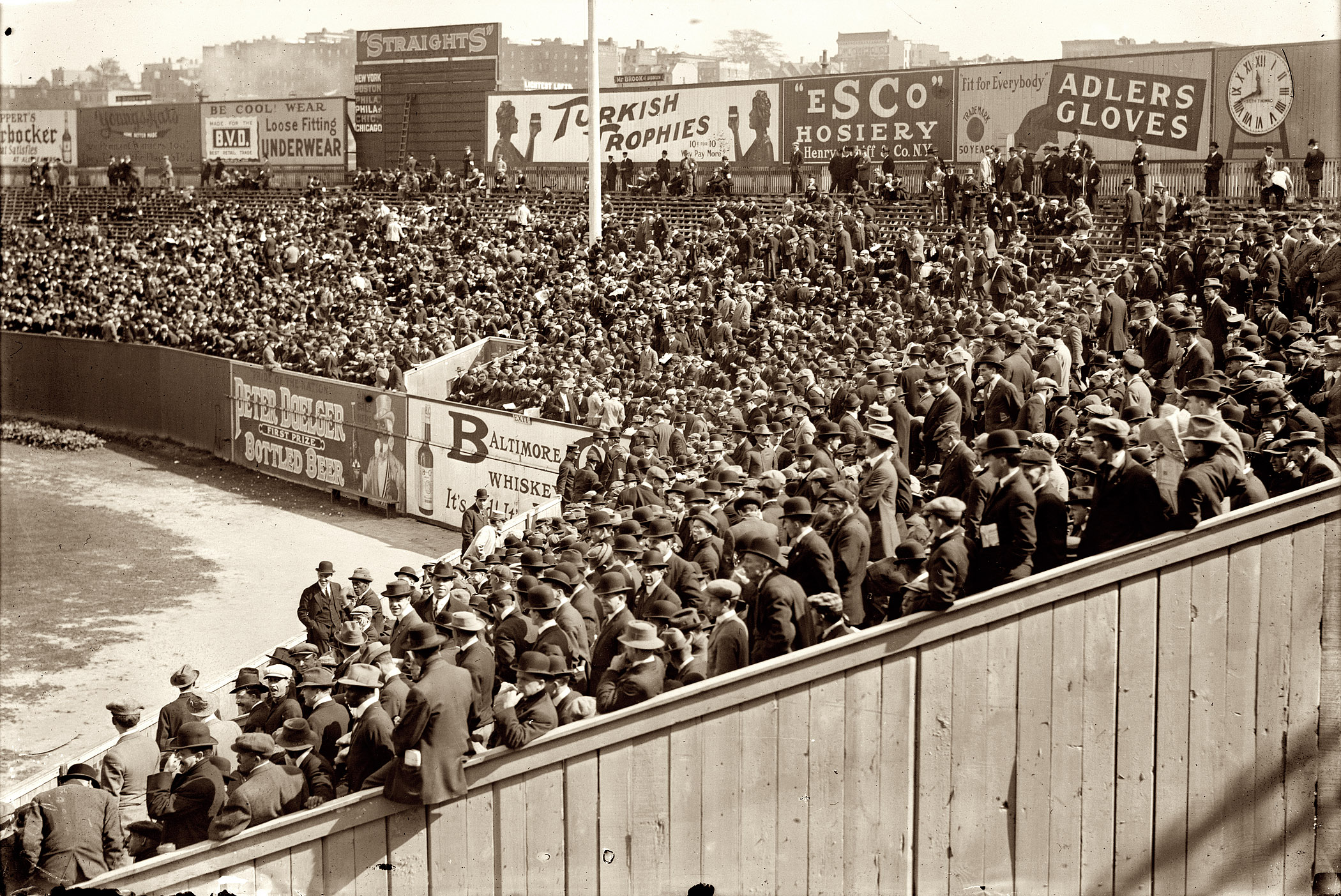 October 8, 1912. First game of the 1912 World Series, between the New York Giants and Boston Red Sox. Right field grandstand at New York's Polo Grounds. 5x7 glass negative, George Grantham Bain Collection. View full size.