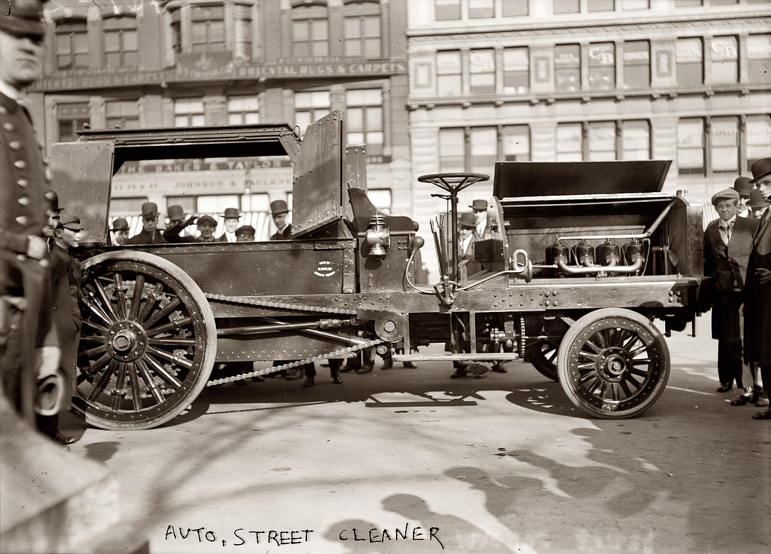 "Auto Street Cleaner" circa 1913 in New York City. (Hello, alternate side of the street parking.) View full size. George Grantham Bain Collection.