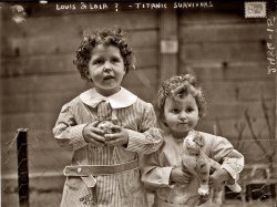April 22, 1912. Our second look at Lolo (Michel) and Edmond Navratil, survivors of the Titanic disaster whose father went down with the ship. View full size. Lolo, the last remaining male survivor of the Titanic sinking, died in 2001.
Titanic TotsSo cute! They look like Cabbage Patch dolls! 
Lolo and MomonInteresting article on the brothers at Encyclopedia Titanica.
Imagining what they&#039;ve seenI am deeply touched by this photo.  The  way the youngest one is holding his toy-cat makes the photo for me.  What they had been through.  Thanks for posting it.
ToysThe little stuffed cat is amazing--the detail shows you every bit of fuzz and hair! But what is the bigger boy holding? At first I thought it was just a ball, or maybe a snow globe. Gotta love that curly hair!
The brothersWow, that's quite a story -- thanks for posting the link.  Those poor boys, caught up in family drama and then this disaster.  I wonder how hard it was for them to go back to Europe on another ocean liner...
The older boyMichel is holding what looks to be a glass paperweight, probably of the millifiori type.
T-TotsWow. So much to be read between the lines of their parents' story. Wow.
(The Gallery, Boats & Bridges, Fires, Floods etc., G.G. Bain)