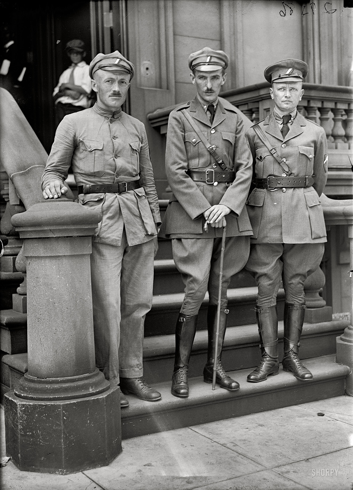 Washington circa 1918. The caption for this one is "no caption." Anybody here look familiar? Harris & Ewing Collection glass negative. View full size.
Update: These officers were members of the Czech Legion; in the middle is Capt. Vladimir Hurban. Thanks to Anonymous and Stanton Square for this info.