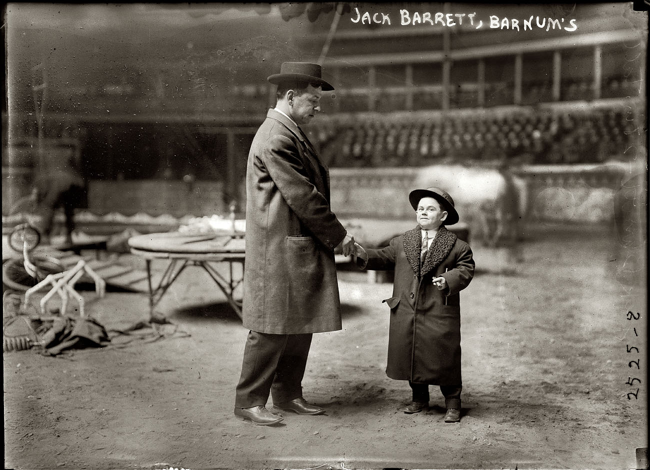 New York circa 1910. "Jack Barrett, Barnum's. 28 inches tall." View full size. 5x7 glass negative, George Grantham Bain Collection, Library of Congress.