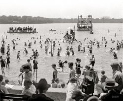 "Potomac bathing beach, June 19, 1924." National Photo Co. View full size.
Rightest Beach Wear

Washington Post, May 6, 1924


Full Cut Bathing Suits
Decreed for Tidal Basin

Bathers had better be getting ready their suits - full sized ones, not one-piece of skimpy cuts - because the bathing beach on the tidal basin will open May 28.  This date has been set by L. Gordon Leech, concessionnaire.
The ban on "immodest bathing suits" and beauty contests on the beach will be continued, it was said yesterday at the office of public buildings and grounds.  The regulations require that suits must come within three inches of the knees and must have no opening below the arm pits.
The beach has been undergoing plenty of improvements, it was said.  All of the diving floats and other floating equipment has been recaulked.


Washington Post, Jun 5, 1924 


One-Piece Bathing Suits
Approved in House Vote

Despite the eleventh-hour rush to complete the legislative program of House of Representatives found time yesterday to go on record in favor of one-piece bathing suits.
This declaration of policy on one of the constantly pressing national questions came on a vote of an amendment proposed to the second deficiency bill appropriating $30,000 for a bathing beach for negroes here.  Representative Blanton (Democrat), offered the amendment, which would have banned the one-piece garment.  It was indignantly rejected by a majority of members present.



Suits as Smart as Waves are Brilliant
All-Wool, One-Piece
Knitted Bathing Suits
Erlebacher


Men's Two-Piece Bathing Suits.
All-wool Bathing Suits in
plain gray, navy, heather and a few fancy stripes.


Last one inThose diving platforms were still around when I was a kid in the 1950's.
Slender and fitExcept for one little fatty (and evidently a bit of a punk, at that), everyone is in really nice shape.  Wish the beaches today looked like that.
(The Gallery, D.C., Natl Photo, Sports, Swimming)