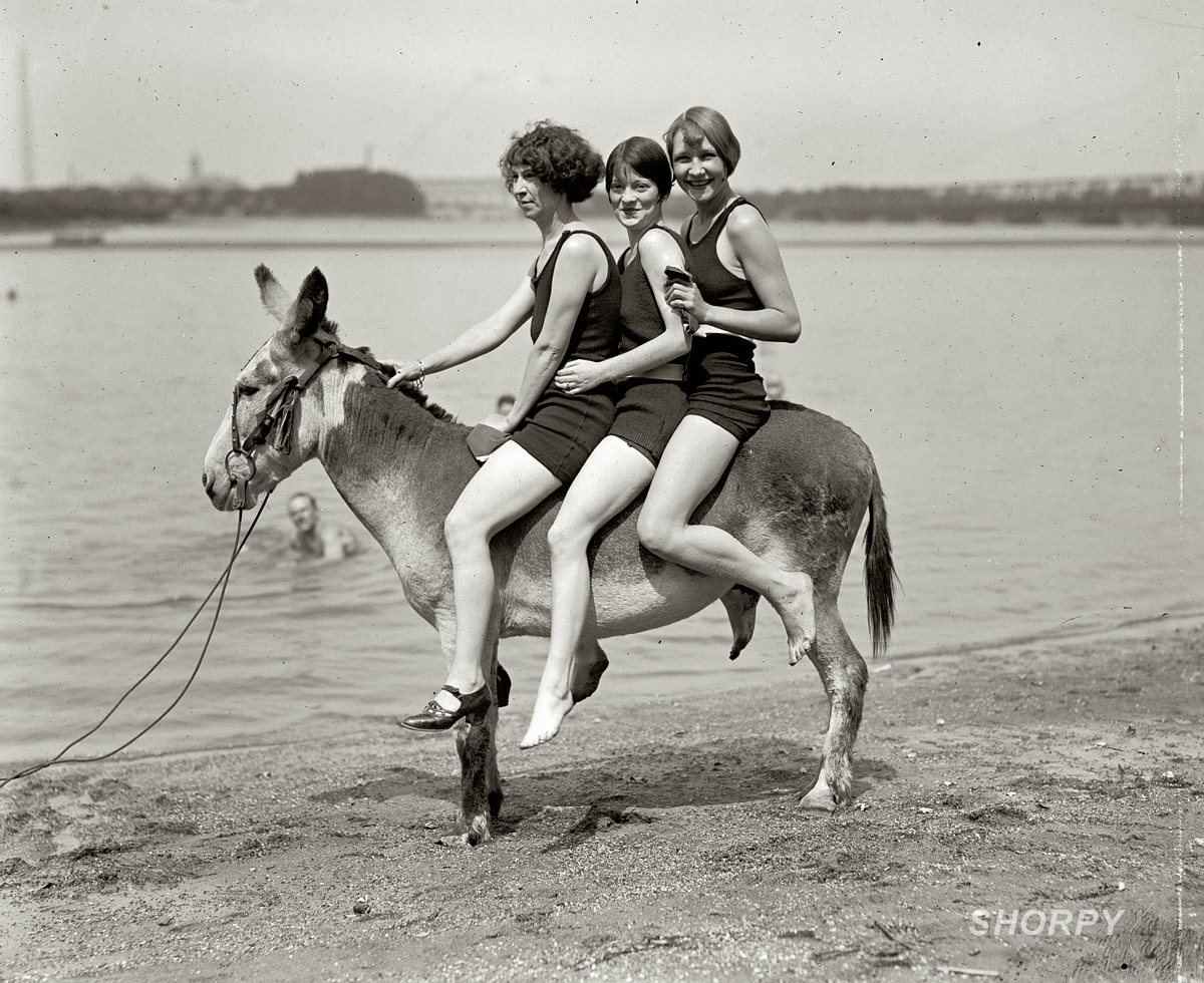 July 30, 1924. "Hazel Watson, Eleanor Howell and Marjie Peacock at Arlington Beach." View full size. National Photo Company Collection glass negative.