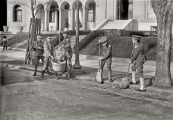 Washington, D.C., 1919. "Junior Marines, 'clean-up' squad." Harris &amp; Ewing Collection glass negative. View full size.
Period piecesSomething I often notice in Shorpy photos: how many everyday articles formerly made of wood and other vegetative material are now made from various forms of plastic, viz. the brooms and the basket. That guy in The Graduate was right.
Leaf BrigadeShould have tried dressing my sons that way. Maybe I could have gotten them to actually do yard work.
Too badthey don't get kids nowadays into some kind of military organisation. Wouldn't hurt them one bit.
Just like the real MarinesLine up for police call!  If it don't grow it goes!
The Jr. Marines of the 21st CenturyActually, from the age of 12 youngsters today can join the Civil Air Patrol, which is an auxiliary branch of the U.S.A.F.  They wear Air Force uniforms, learn how to drill, march, etc. in addition to learning all sorts of life skills.  
(The Gallery, D.C., Harris + Ewing, Kids)