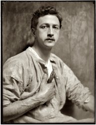 The American sculptor Chester Beach (1881-1956) circa 1908 in New York. 8 x 10 inch dry plate glass negative by Gertude Käsebier. View full size.
