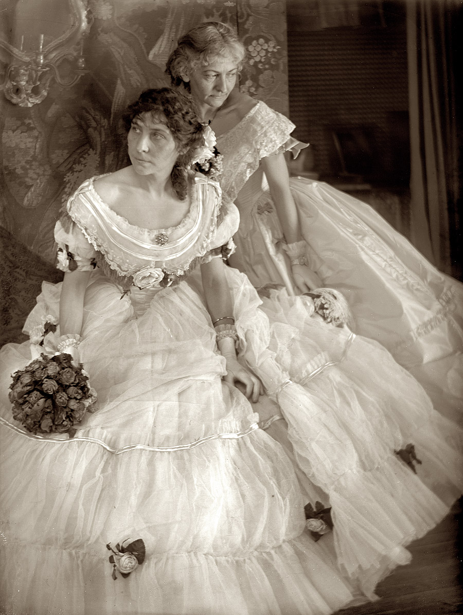 New York, 1906. "The Gerson sisters in costume for the Crinoline Ball." Our second from this series of photographs by Gertrude Käsebier. View full size.