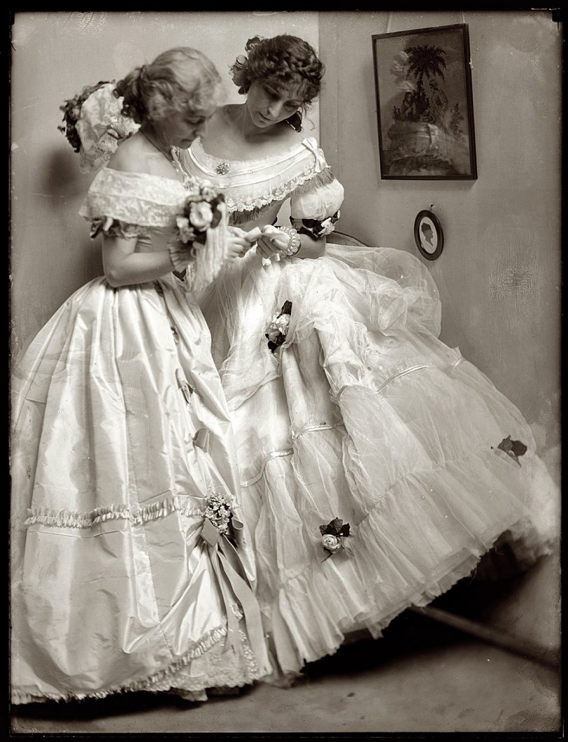 "The Letter." New York, 1906. Studio portrait of the Gerson sisters in costume for the Crinoline Ball. 8x10 glass negative by Gertrude Käsebier. View full size.
