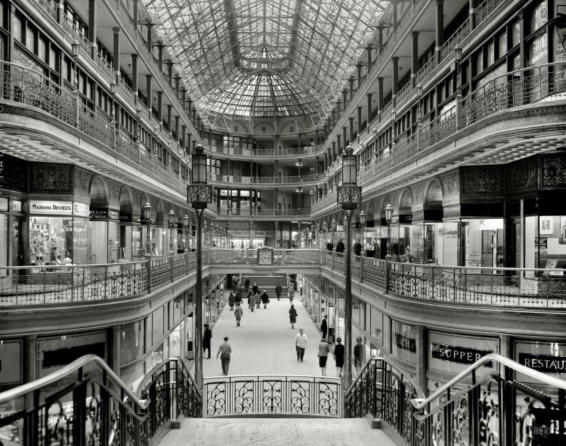 March 7, 1966. "Cleveland Arcade, 401 Euclid Avenue. Interior looking south." Meet you at the Marking Devices store in an hour! Large format acetate negative by Martin Linsey for the Historic American Buildings Survey. View full size. 

