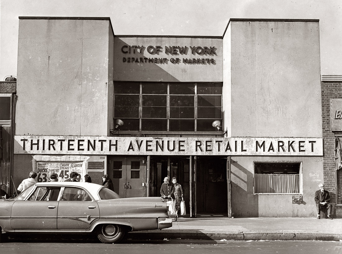 Exterior of Thirteenth Avenue Retail Market, Brooklyn. 1965. View full size. Photograph by Phyllis Twachtman. The car: 1960 Dodge Dart Pioneer.