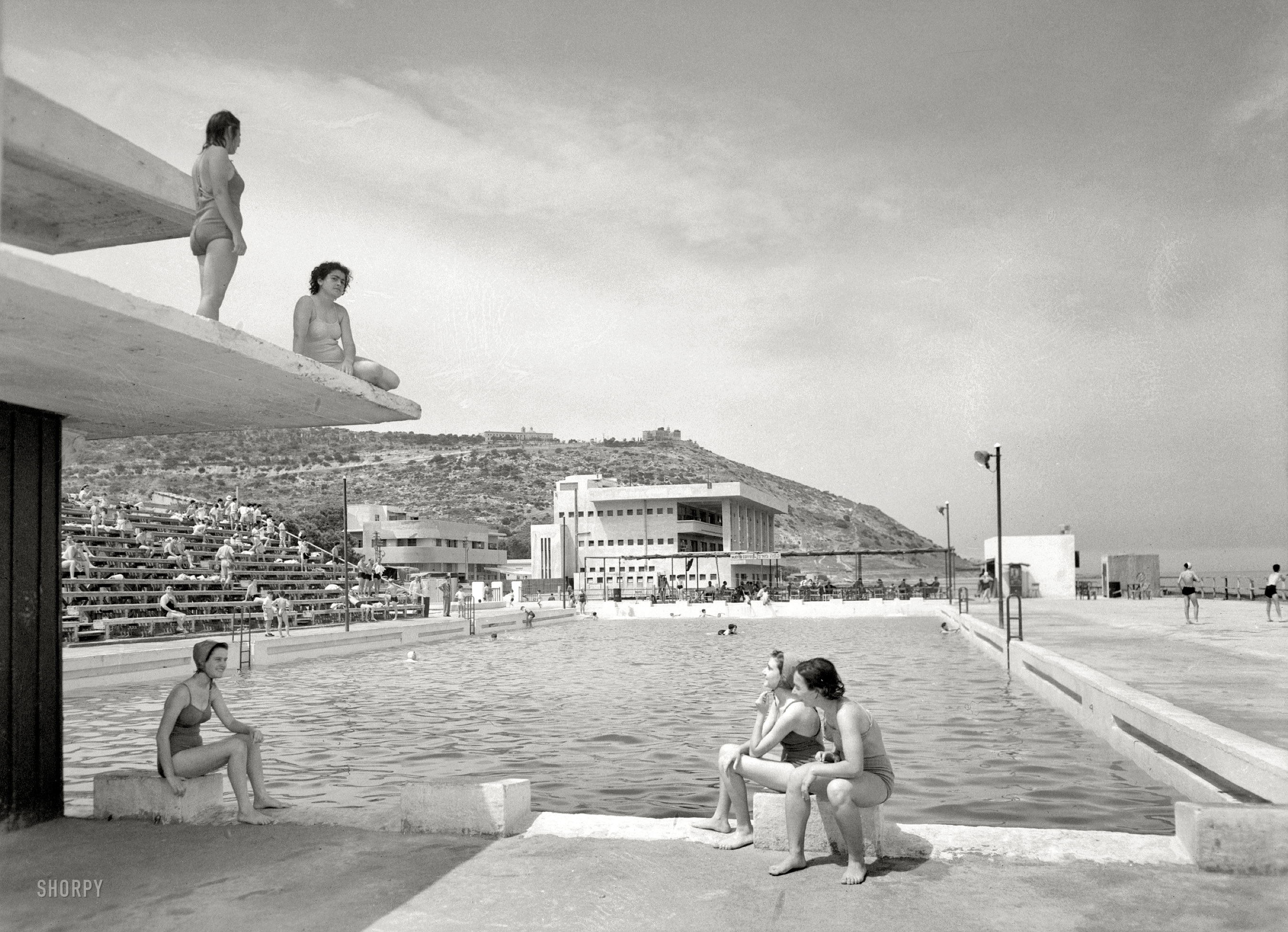Haifa, British Mandate Palestine, circa 1940. "Swimming pool at the Casino, Bat Galim neighborhood." Medium-format acetate negative by the American Colony Photo Department/Matson Photo Service. View full size.