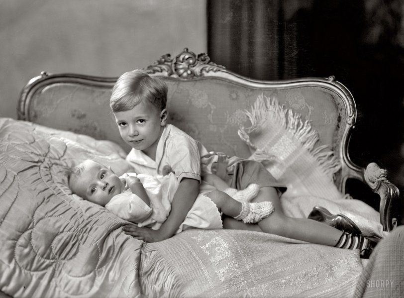 Washington, D.C., 1933. "Robert Haller children." An unidentified Haller tot with equally anonymous Big Brother.  Harris &amp; Ewing glass negative. View full size.
