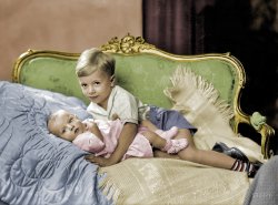Washington, D.C., 1933. "Robert Haller children." An unidentified Haller tot with equally anonymous Big Brother. Harris &amp; Ewing glass negative. View full size.
(ShorpyBlog, Colorized Photos)