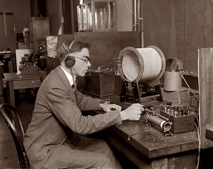 February 19, 1925. "M.S. Strock measuring radio lengths at the Bureau of Standards." View full size. 4x5 glass negative, National Photo Co. Collection.
