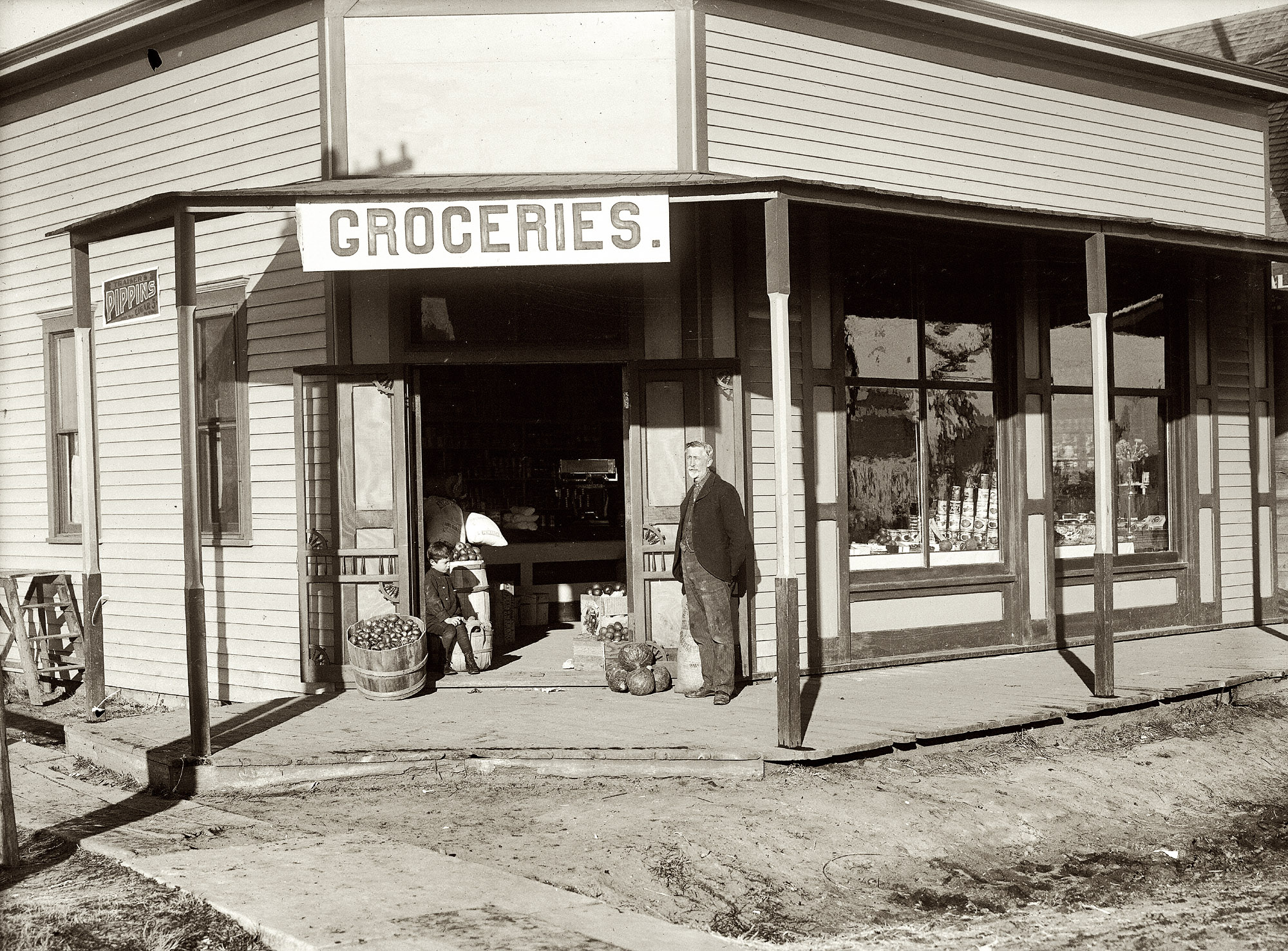 1904. "Grocery store in Overton, Nebraska." View full size. Glass plate negative by Solomon D. Butcher. Nebraska State Historical Society collection.