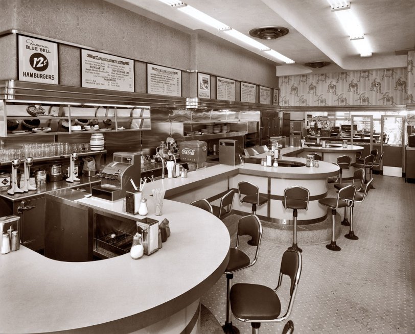 The Blue Bell diner at 619 Pennsylvania Avenue NW, Washington. June 1948. View full size | Even larger | Read the menu. The Blue Bell had an upscale cousin on 10th Street, the Waffle Shop. Photograph by Theodor Horydczak.
