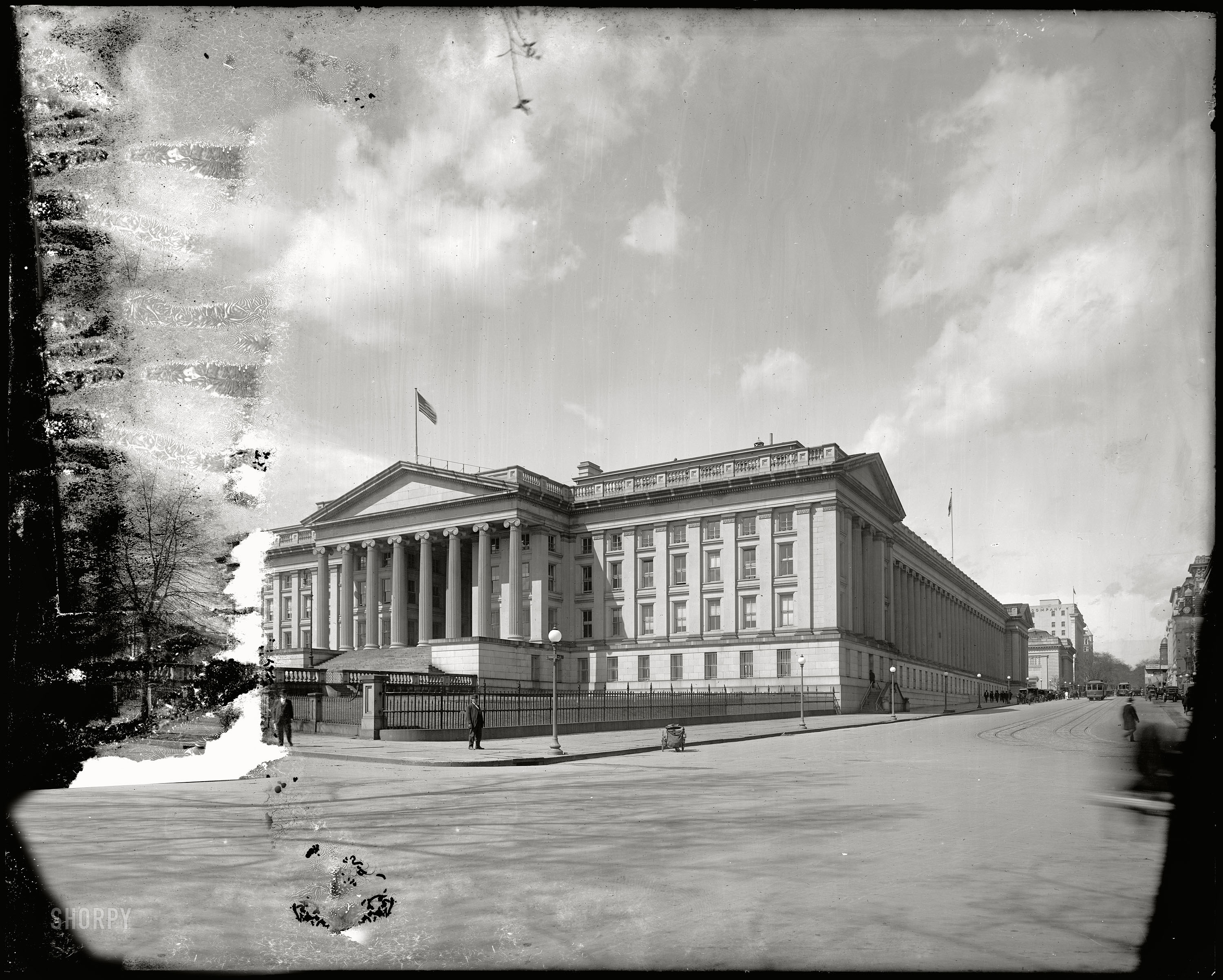 "Treasury, 15th Street and Executive Avenue." A circa 1910 glass negative showing water damage. Harris & Ewing Collection. View full size.