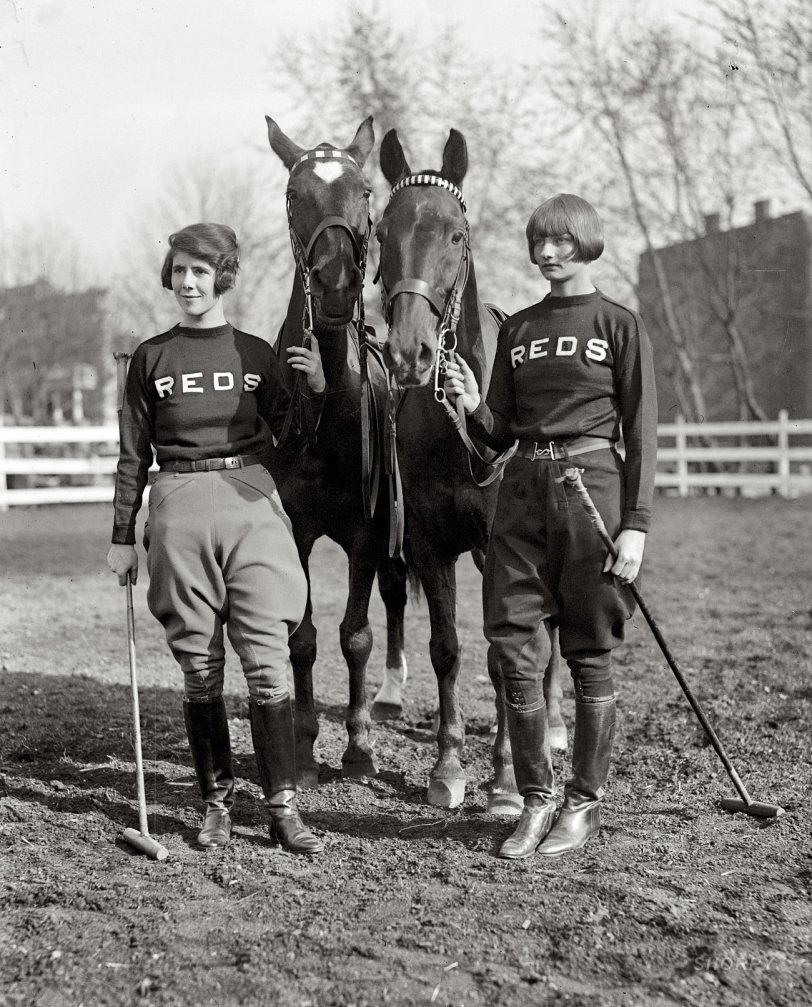 April 18, 1925. "Miss Louise Ireland &amp; Miss Helen Marye." Last seen in the previous post on a tricycle with a big bow in her hair, 10 years later Helen has graduated to polo ponies and a bobbed 'do. National Photo Co. View full size.
