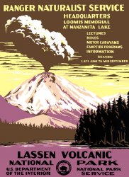 Circa 1938 National Park Service silkscreen poster for Lassen Volcanic National Park. View full size. Available as a Juniper Gallery fine-art print.