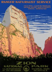 Circa 1938 National Park Service silkscreen poster for Zion National Park. View full size. Available as a Juniper Gallery fine-art print.
