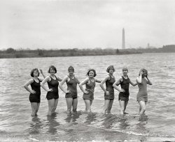 Washington, D.C. April 29, 1925. "Girls from Keith's at Arlington Beach." Showgirls from the local B.F. Keith vaudeville house taking a dip in nippy weather. National Photo Company Collection glass negative. View full size.
Ten Hut!Yup, the weather is nippy, and they're standing at attention! My personal favourite is the third one from the left. Nice hair.
Color Them BlueIf the weather was as nippy as assumed, these women were real troupers to look so cheery for the camera.
[Nippiness is revealed by close visual inspection. - Dave]
Far Left" All right, Mr.Keith, I'm ready for my close-up."
Swimsuit FabricI thought it looked like wool but I can't imagine getting that wet. Wifey thinks it might be gingham. My daughter just laughed.
[Swimsuits back then were generally wool. - Dave]
Good news bad newsThe bad news: I am going to learn colorization! The good news: I am starting with flesh tones on this photo.
Just kidding!
&quot;Close visual inspection&quot;What do you mean, Dave? Goose bumps on their arms and legs?
[Something like that. "Nippy" -- such an apt description. - Dave]
Prymaat&#039;s momThe third from the left is an authentic Conehead girl!
Cold ComfortI suspect wool was the bathing suit material of choice because, unlike cotton, it tends to retain its insulating power when wet. It's also resilient. 
Nevertheless, the insulating power of these suits seems to be insufficient in some regards.
We have a large Roman statue-fountain in our garden that we've named "Nippy" (or perhaps "Nipi") for similar reasons.
CaptionsLeft to right:
1. Same to ya, Bud!
2. Ain't this fun?
3. I hope this pic makes it big time.
4. Let's get it over with.
5. Yup ... I'm cold. Hope it doesn't show.
6. Any one else think I'm cute?
7. Oh! So embarrassing!
No more stockings!The practice of wearing stockings and shoes with bathing attire, still so evident just a few years earlier, seems to have been passe by the mid-twenties.  How fortunate for the girls! Sand permeates every piece of clothing worn to the beach and stockings and shoes would have gotten very nasty!   
(The Gallery, D.C., Natl Photo, Swimming)
