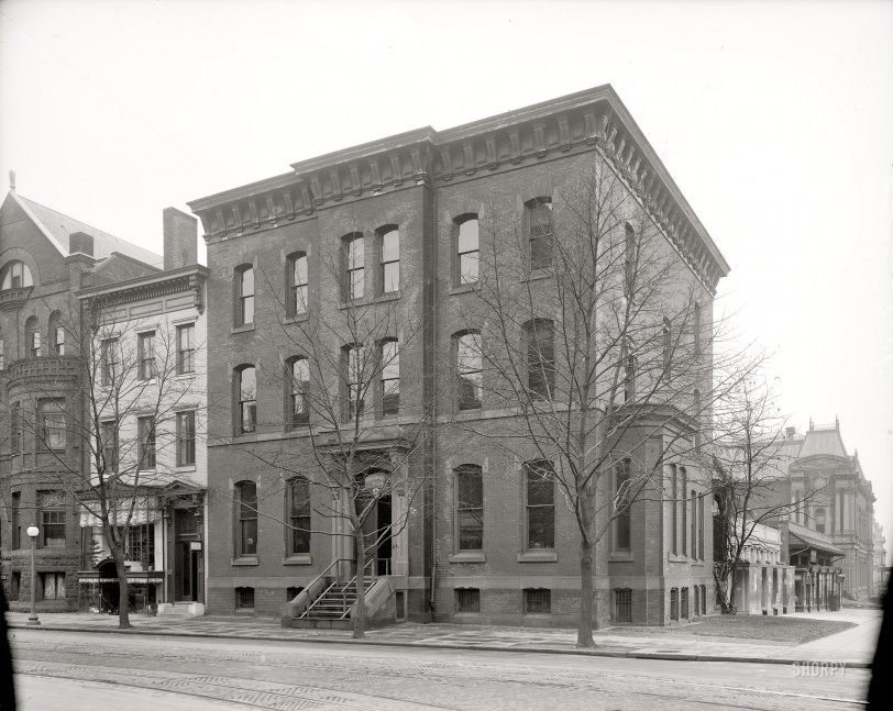 Washington, D.C., circa 1916. An uncaptioned street scene showing a Red Cross building, a "Dermatological Institute," a handicraft school and the Lotos Lantern Tea House. Harris & Ewing Collection glass negative. View full size.