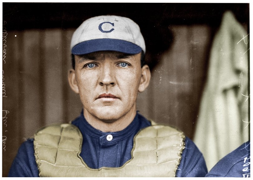 Chicago White Sox catcher Billy Sullivan. May 13, 1911. Gelatin silver print by Paul Thompson. Colorized. View full size.
