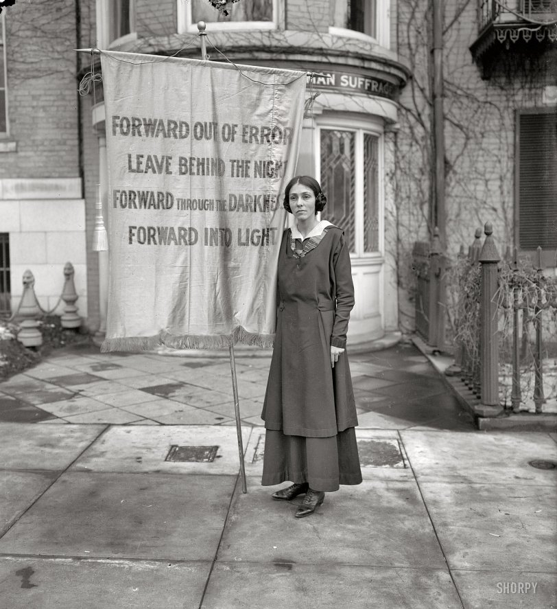 "Congressional Union for Woman Suffrage, 1916." One of the banners used in a memorial service for Inez Milholland, the lawyer who became a martyr to the suffrage movement following her death from anemia while campaigning for the 19th Amendment. Harris &amp; Ewing Collection glass negative. View full size.
