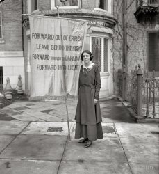 "Congressional Union for Woman Suffrage, 1916." One of the banners used in a memorial service for Inez Milholland, the lawyer who became a martyr to the suffrage movement following her death from anemia while campaigning for the 19th Amendment. Harris & Ewing Collection glass negative. View full size.