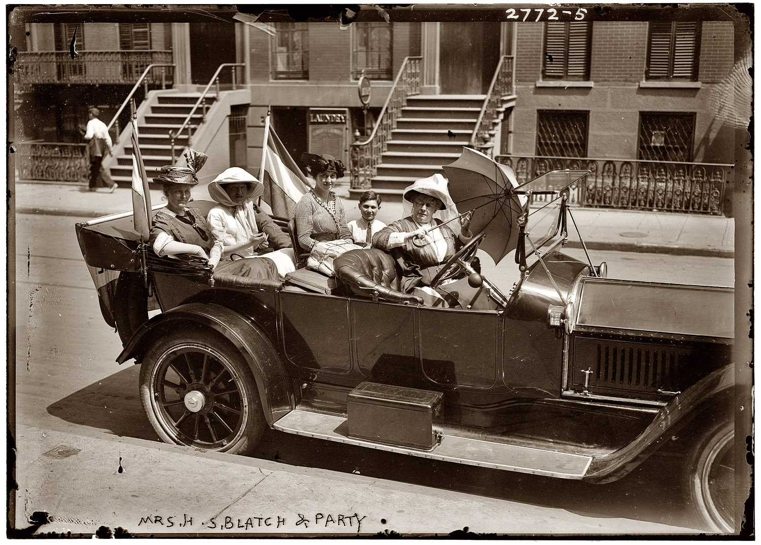 July 30, 1913, New York. Suffragist Harriot Stanton Blatch in the front seat of a Cole touring car with (from left) Susan Fitzgerald, Emma Bugbee and Maggie Murphy. View full size. 5x7 glass negative, George Grantham Bain Collection.