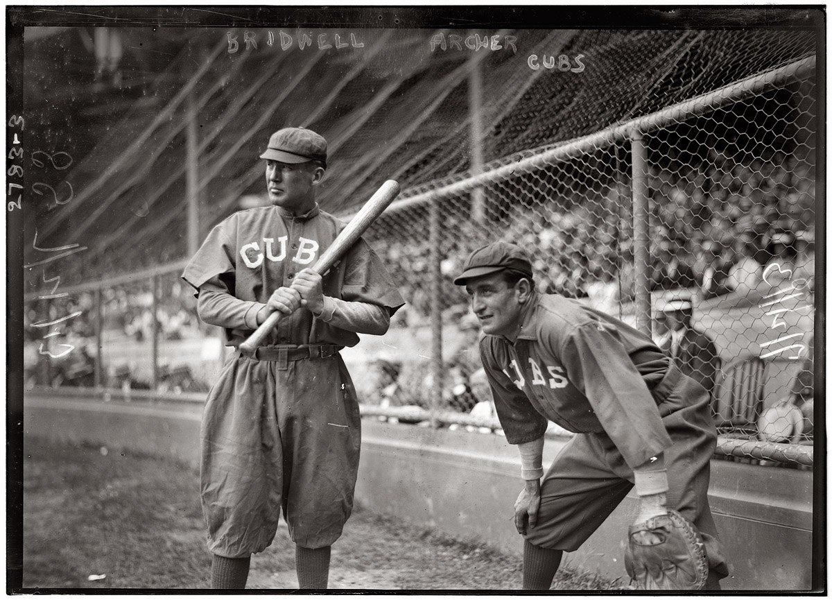 Al Bridwell and Jimmy Archer of the Chicago Cubs. July 21, 1913. View full size. 5x7 glass negative. George Grantham Bain Collection.