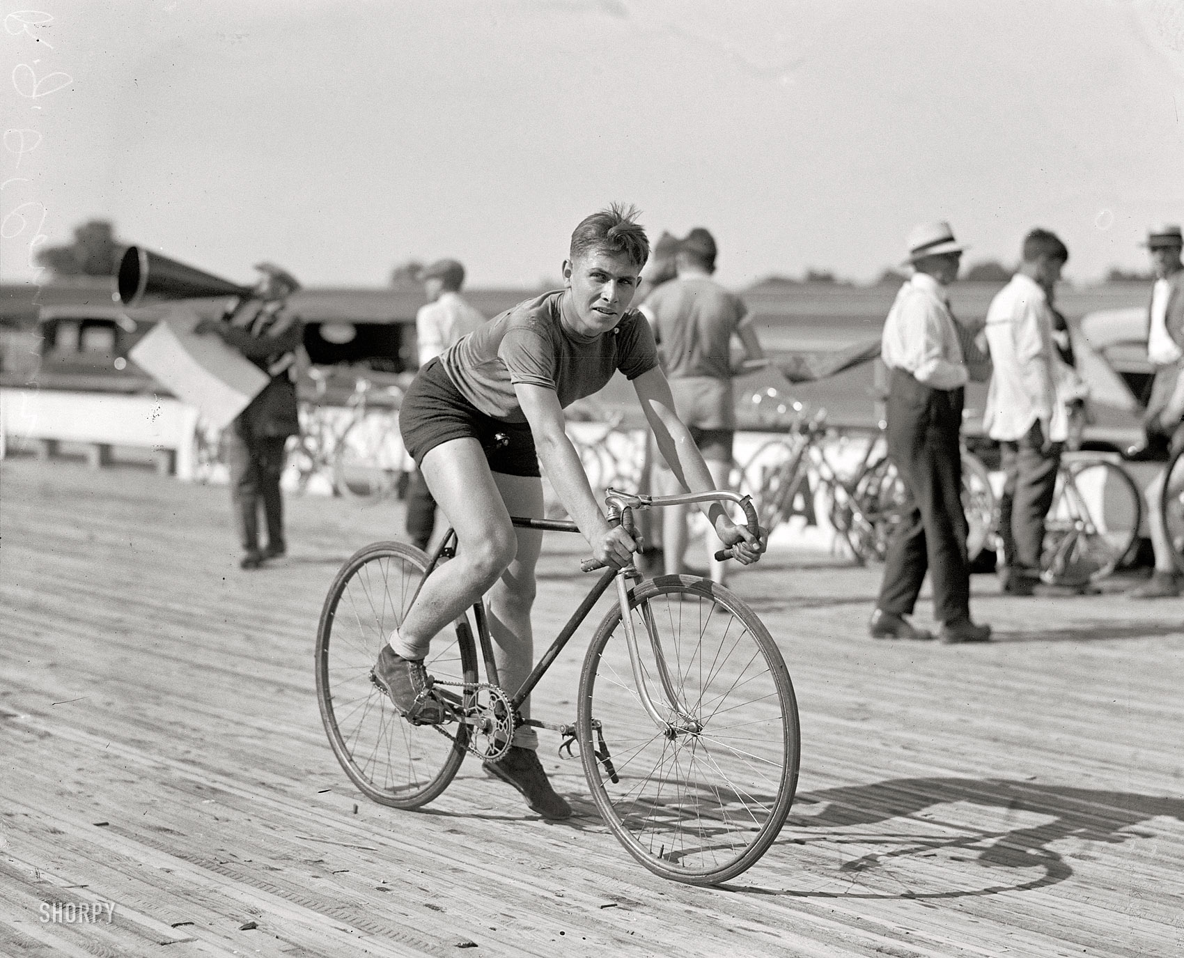 July 18, 1925. Laurel, Maryland. "R.J. O'Connor, inter-city championship bicycle races, Laurel Speedway." National Photo Co. glass negative. View full size.