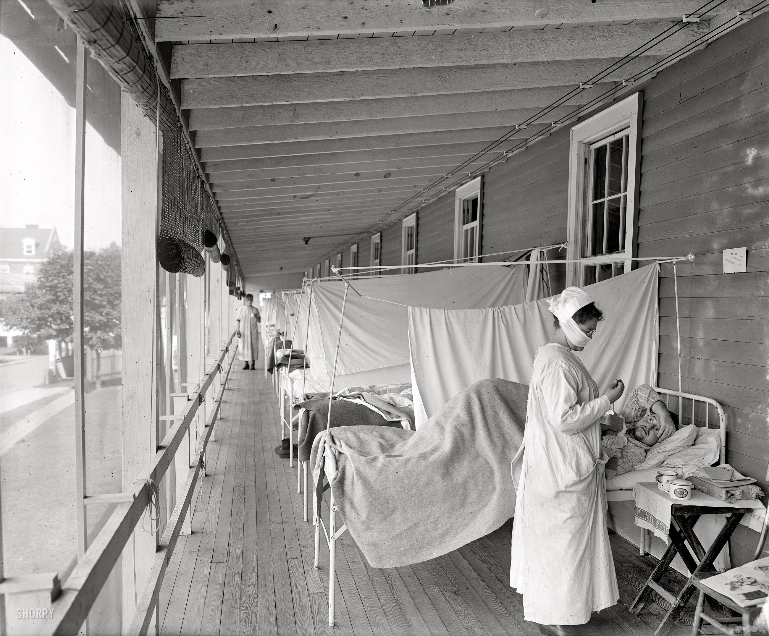 Washington, D.C., circa 1919. "Walter Reed Hospital flu ward." One of the very few images in Washington-area photo archives documenting the influenza contagion of 1918-1919, which killed over 500,000 Americans and tens of millions around the globe. Harris & Ewing glass negative. View full size.