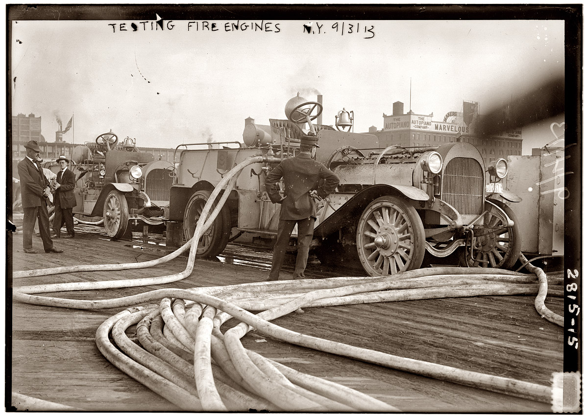 "Testing Fire Engines" in New York City, September 1913. View full size. 5x7 glass negative, George Grantham Bain Collection.