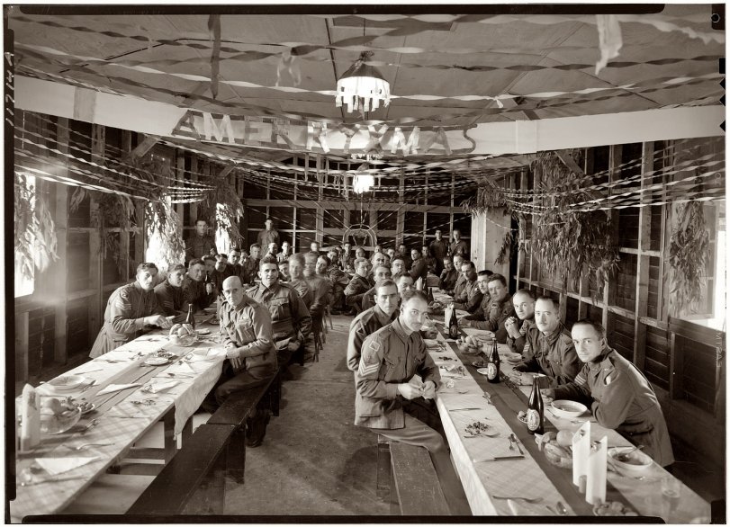 Australian soldiers at Christmas dinner in the Australian Club (old East Hotel) in Jerusalem between 1940 and 1946. View full size. Matson Photo Service.
