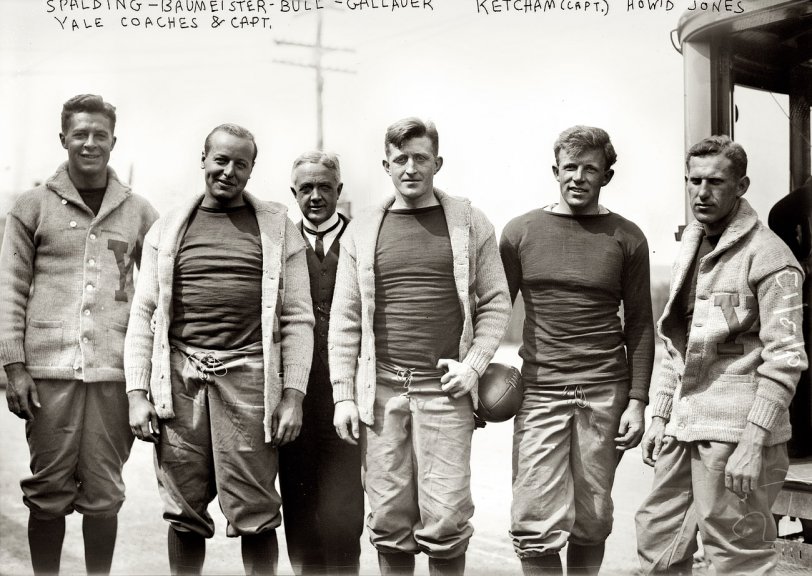 Photo of: New Haven: 1913 -- September 13, 1913. Yale football coaches and captain: Jesse Spalding, Douglas Bomeisler, Dr. William T. Bull, Carl Gallauer, Henry H. Ketcham (Capt.), Howard Jones.