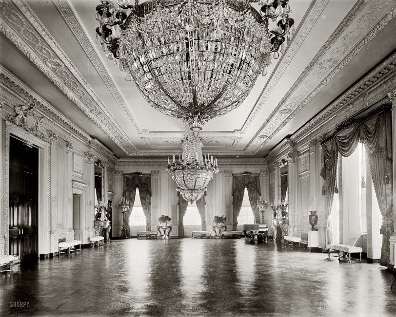 The East Room of the White House circa 1910. So, where'd we put that feather duster? Harris &amp; Ewing Collection glass negative, 8x10 inches. View full size.
