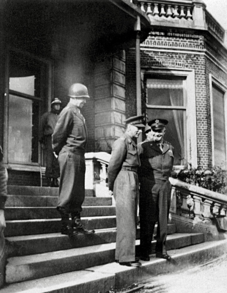 Taken by my great-great uncle; other photographers' photos of this same meeting can be found elsewhere but this has never before been published. Handwritten caption on the back reads "Gen. Ike + King George: And Gen. Bradley in the rear." View full size.
