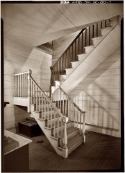 Entrance hall and stair at Woodburn, a circa 1830 plantation house at Pendleton, South Carolina, before its restoration in 1960. View full size. Photograph by Jack Boucher, Historic American Buildings Survey.