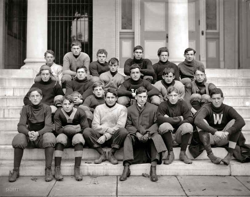 Washington, D.C., circa 1905. "Western High football." Three of these boys were seen earlier here. Harris &amp; Ewing Collection glass negative. View full size.
