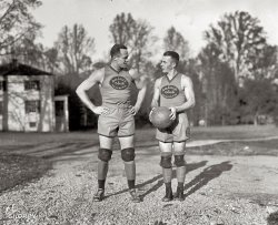 "1925. Bob Grody & manager Ray Kennedy, Palace Laundry." The Palace Club, the Washington, D.C., franchise of the American Professional Basketball League, was sponsored by the Palace Laundry and existed as a team from the league's formation in 1925 to 1928, when it was sold to the Metropolitan League's Brooklyn Visitation club. National Photo Company glass negative. View full size.
