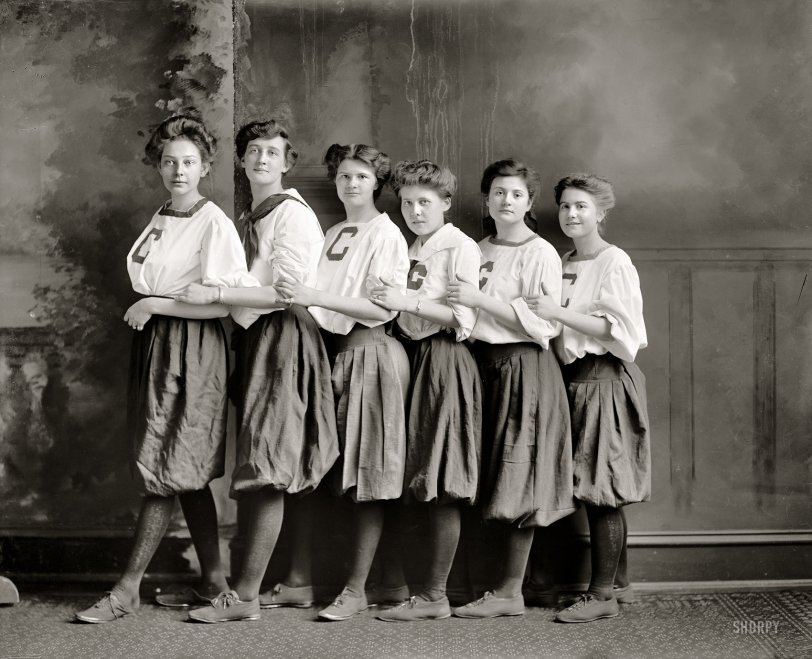 Washington, D.C., circa 1910. "Girls' basketball." The C might stand for Central High. Harris &amp; Ewing Collection glass negative. View full size.
