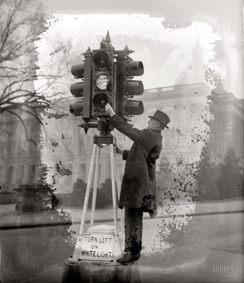 January 5, 1926. Washington, D.C. "Traffic Director Eldridge inspecting new lights." National Photo Company Collection glass negative. View full size.
