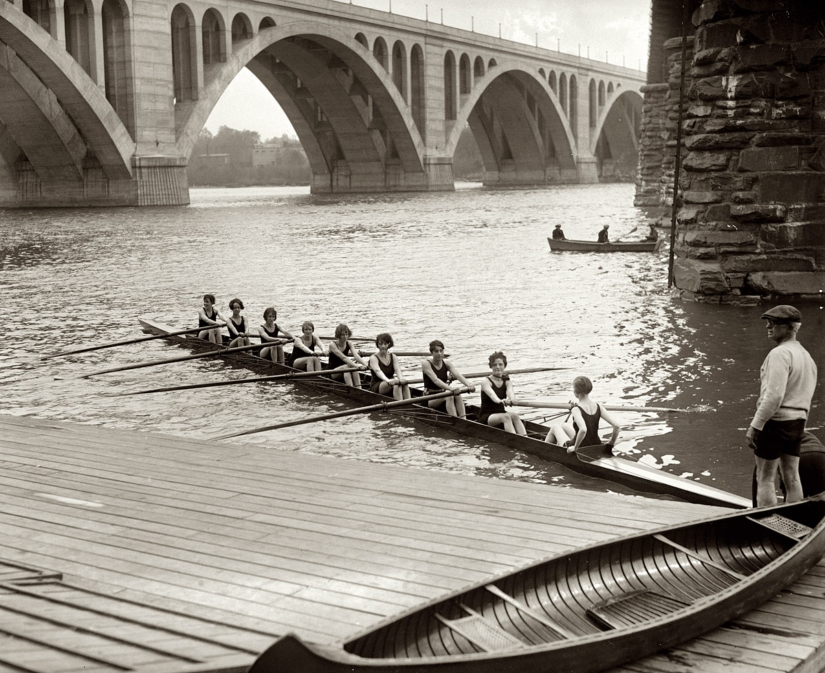 May 1, 1926. Washington, D.C. Eight-oar shell crew of the Capital Athletic Club on the Potomac between the Francis Scott Key and Aqueduct bridges. National Photo Company Collection glass negative. View full size.