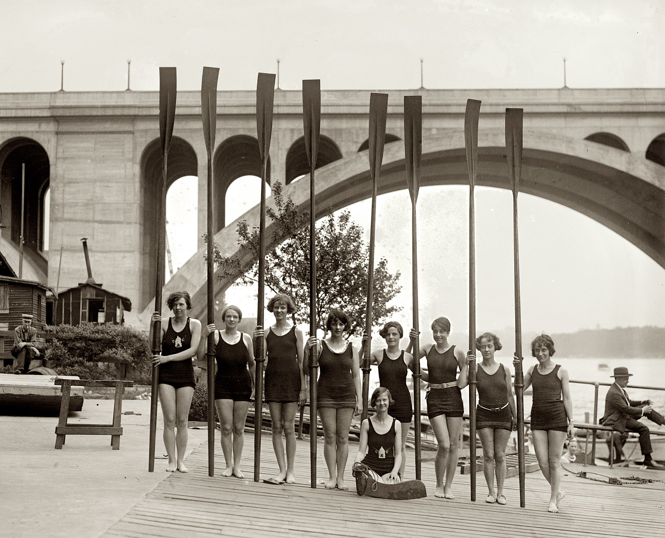 May 1, 1926. Eight-oar shell crew of Capital Athletic Club against a backdrop of the Key Bridge over the Potomac. View full size. National Photo Company.